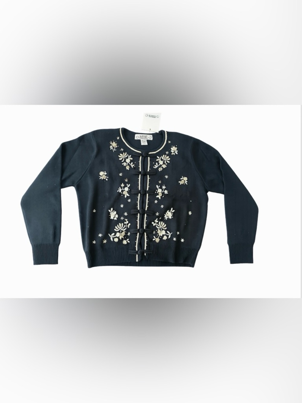 SEGUE Embroidered Navy Floral Button-Front Cardigan Sweater SIZE S